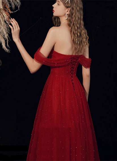 Wine Red Off Shoulder Tulle A-line Evening Dress